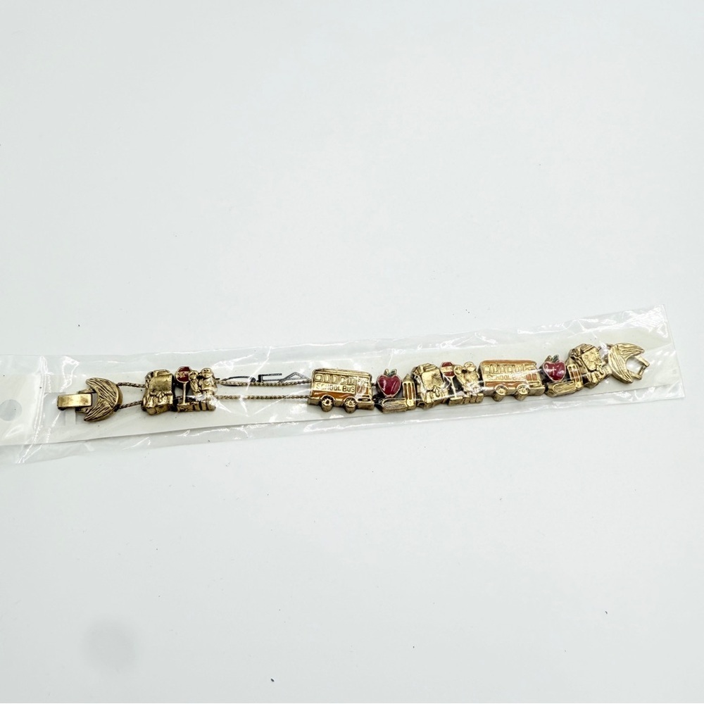 NWT Tofa Vintage-Style Gold Charm Bracelet With Bus Apple Childhood Theme Charms